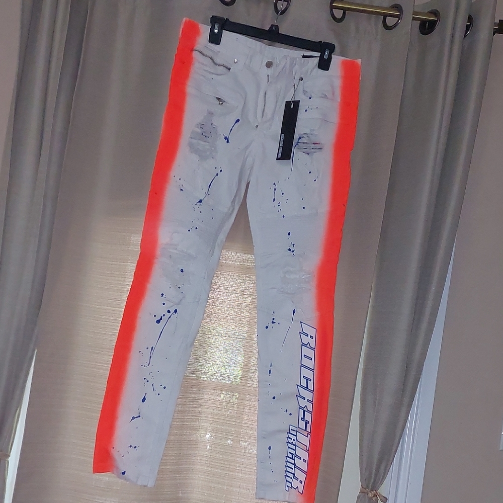 White and Orange Men's Rockstar Ultra Thin Size 34 Jeans